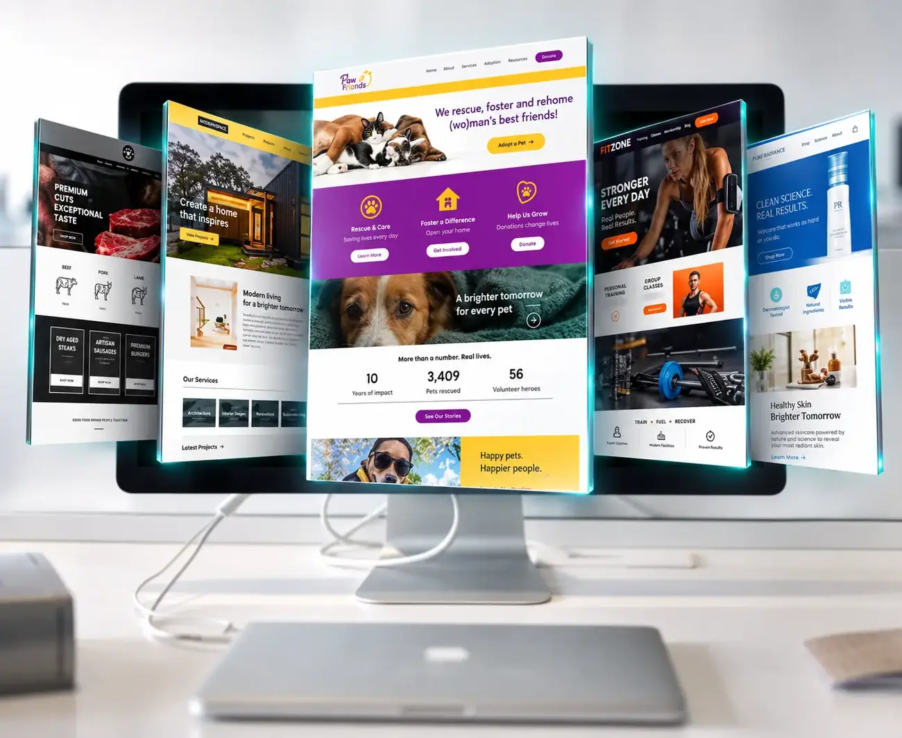 Ukážky webstránok pre rôzne odvetvia zobrazené okolo monitora
